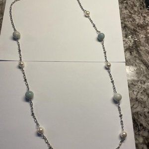 Signed Talbots Faux Pearl / Blue Silver Tone Bead Statement Costume Necklace